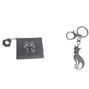 Black‎ Cat Wallet with Flower Charm & Rhinestone Cat Keychain Women's